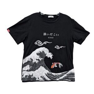 CharmKPR Men's Short‎ Sleeve Shirt Black Size 3XL The Great Waves of Koi Cotton